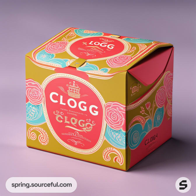 Decorative packaging box with bright floral and swirl designs.