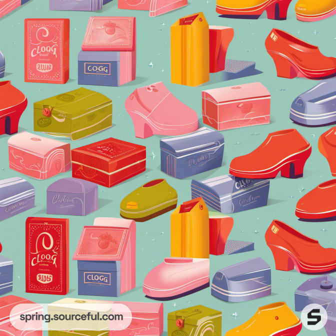 Pattern of illustrated shoe boxes and clogs in vibrant colors.