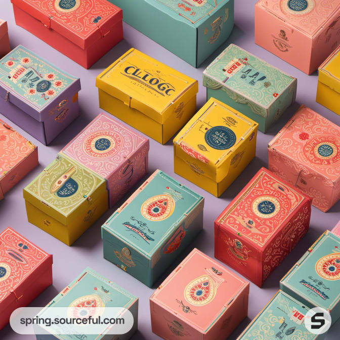 Multiple boxes in pastel shades with detailed artistic designs.