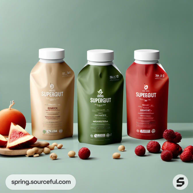 Three bottles on a green background with fruits and nuts around.
