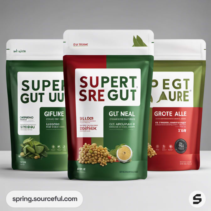 Three resealable pouches in green and red with health food contents.