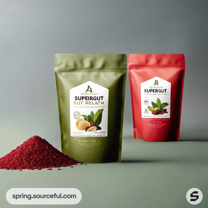 Two resealable pouches, one red and one green, with a powder pile.