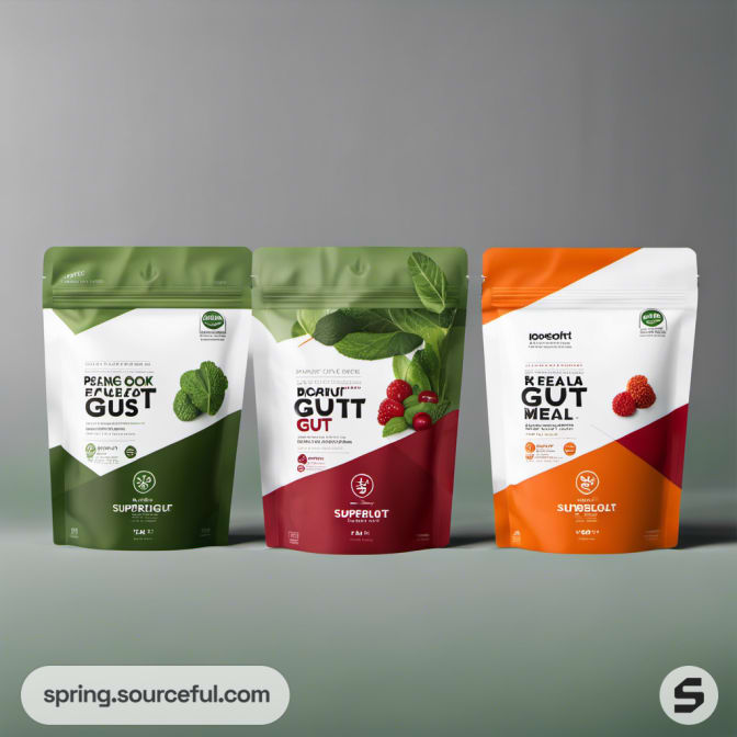 Three resealable pouches with vibrant designs in red, green, and orange.