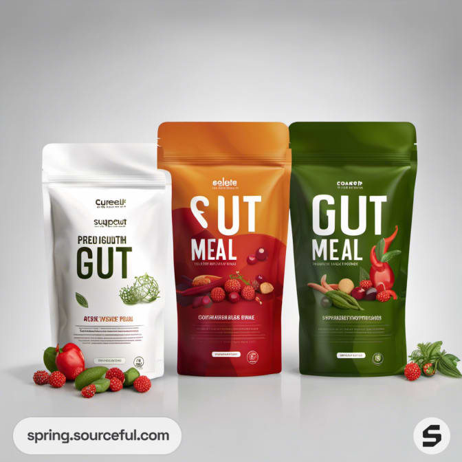 Three resealable pouches with vibrant colors and healthy ingredients.