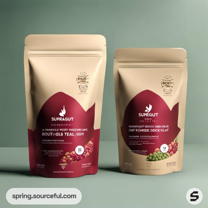 Two resealable pouches in beige and red with berry graphics.