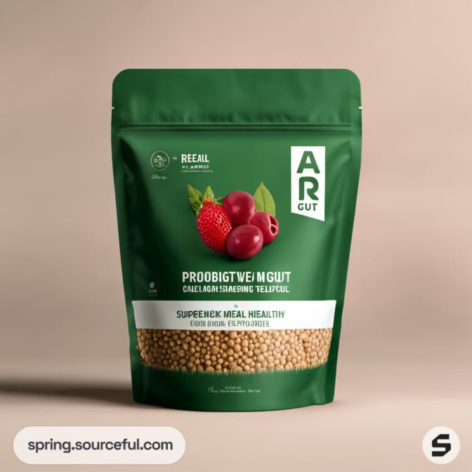 Green resealable pouch with red berries and golden beads.