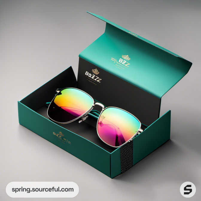 Sunglasses in teal box with gradient lenses
