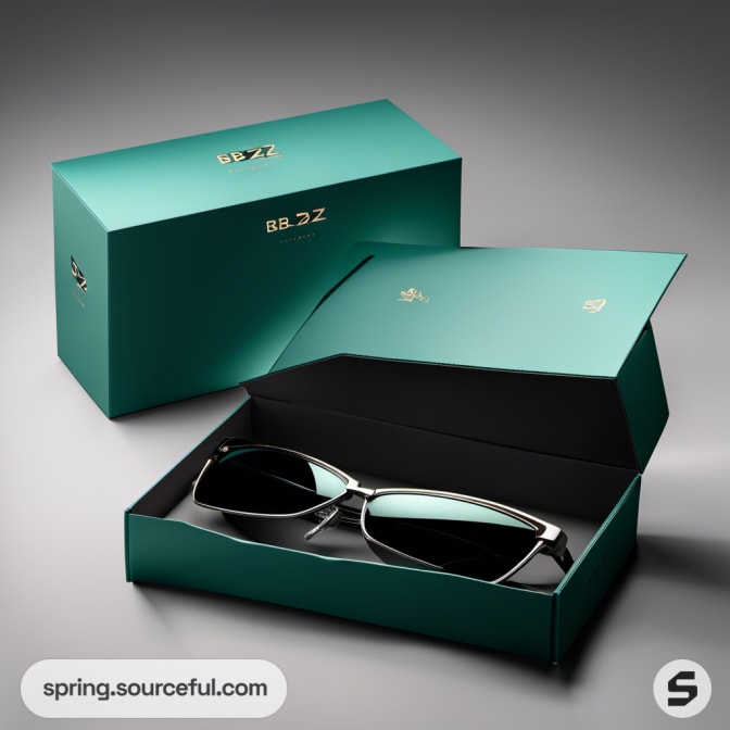 Black sunglasses in open teal box