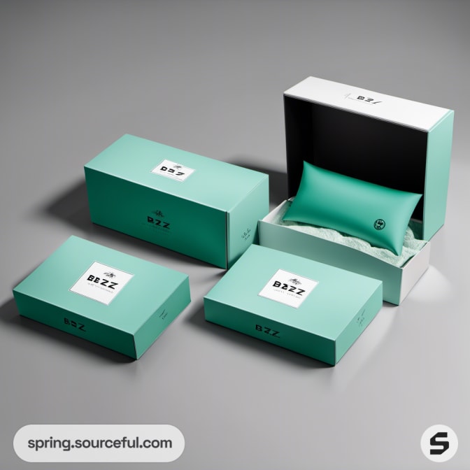 Teal boxes with mint cushion inside