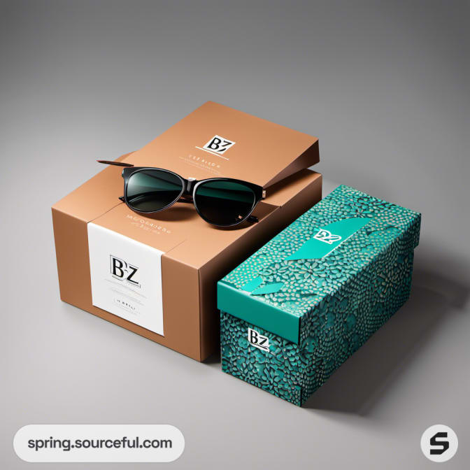 Sunglasses with bronze and patterned teal boxes