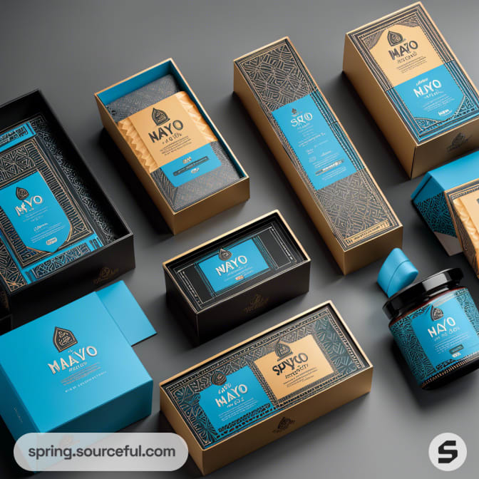 Assorted blue and gold skincare product boxes, featuring elegant patterns and different package shapes.