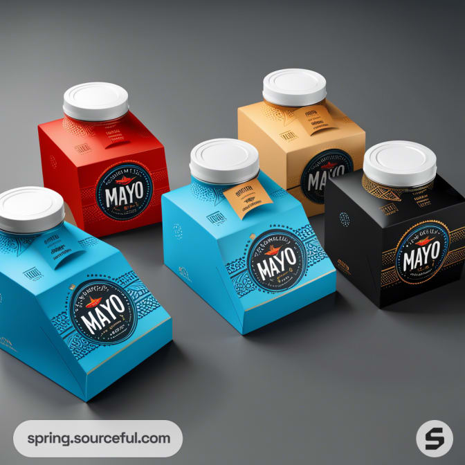 Five colorful mayo cartons with round lids in various designs on a gray surface.