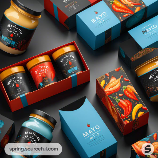 Assorted jars and boxes of mayo sauce with colorful labels and chili pepper designs on a dark background.