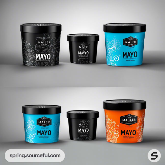 Black and blue containers with decorative patterns, labeled 'Mayo'.