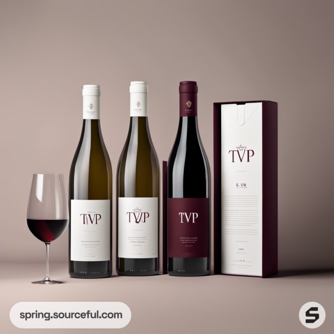 Trio of wine bottles with a glass, elegant packaging in light brown and burgundy colors.