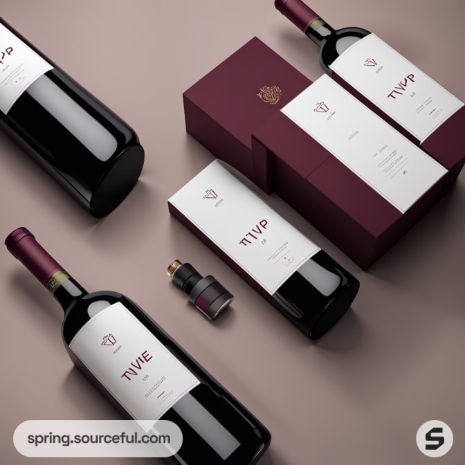 Wine bottles with burgundy and white boxes, minimalist label design.