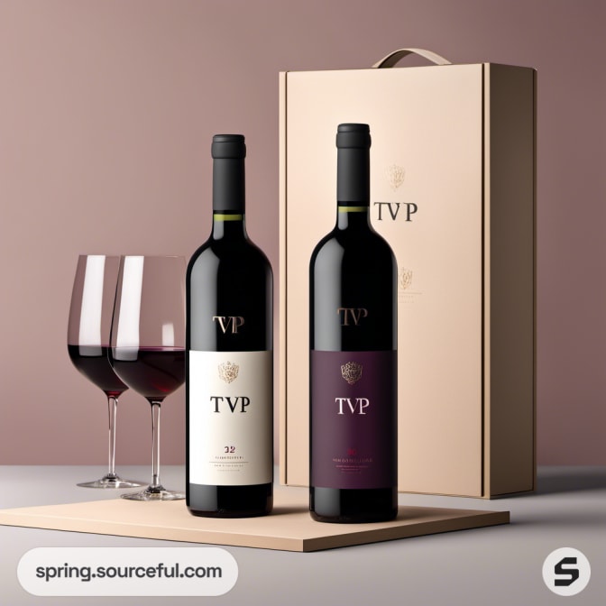 Two red wine bottles with large beige box, two glasses beside on a beige board.