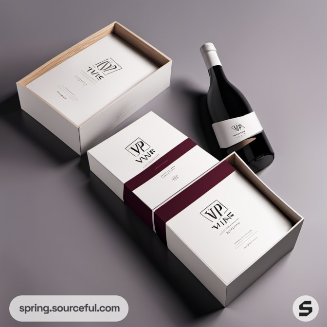 Wine bottle in open white and maroon gift boxes, minimalist style.