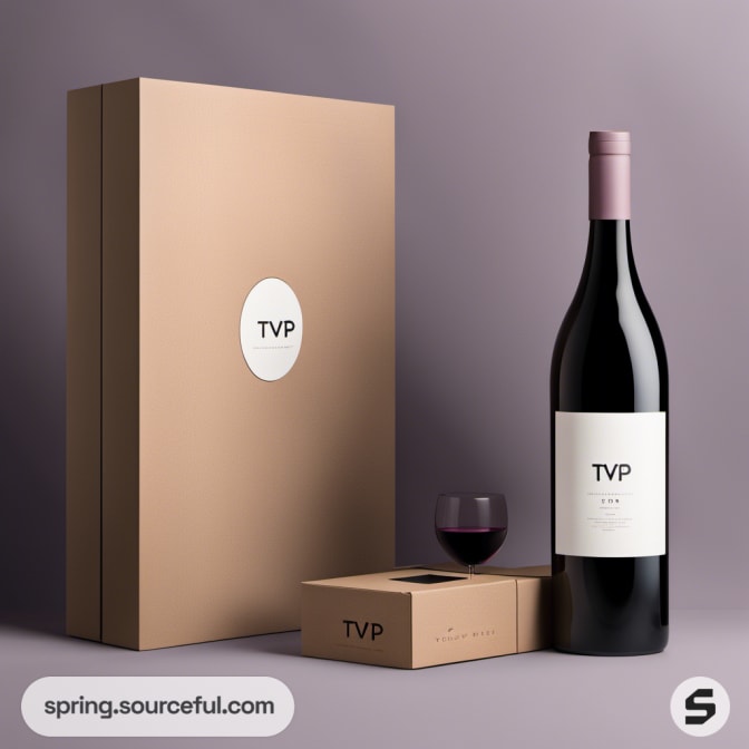 Large wine bottle with a beige gift box, purple backdrop.