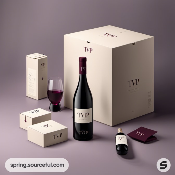 Wine bottle with beige cubic packaging, small replicas, on a purple background.