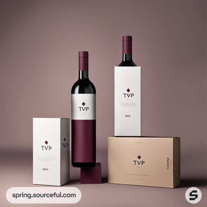 Two wine bottles with white and maroon boxes, elegant presentation.