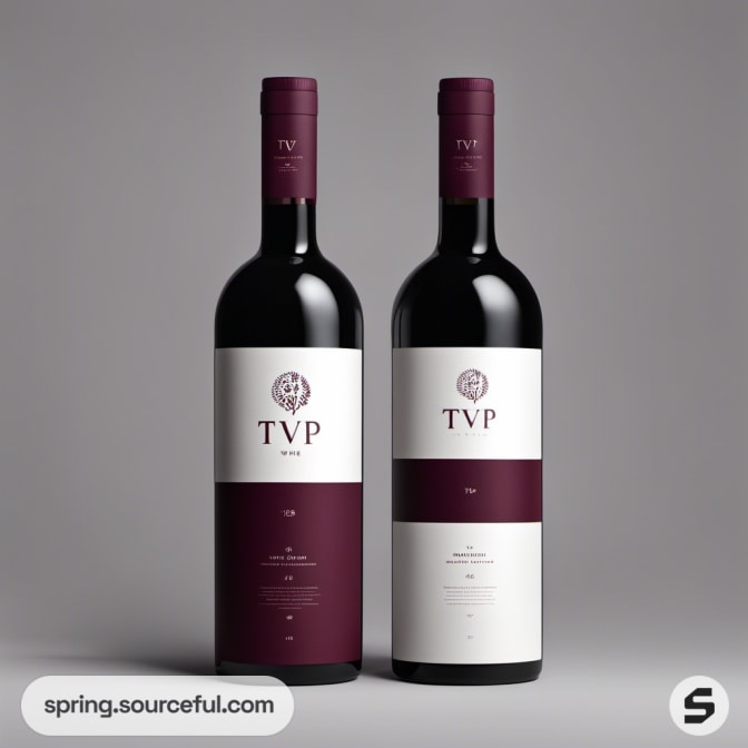 Two wine bottles with minimalist black and white labels on gray background.