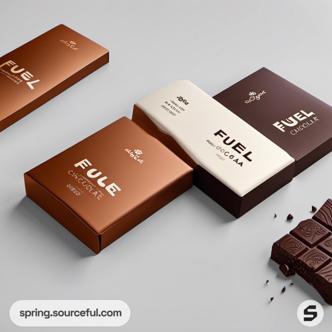 Various chocolate bars with elegant packaging in brown and cream colors.