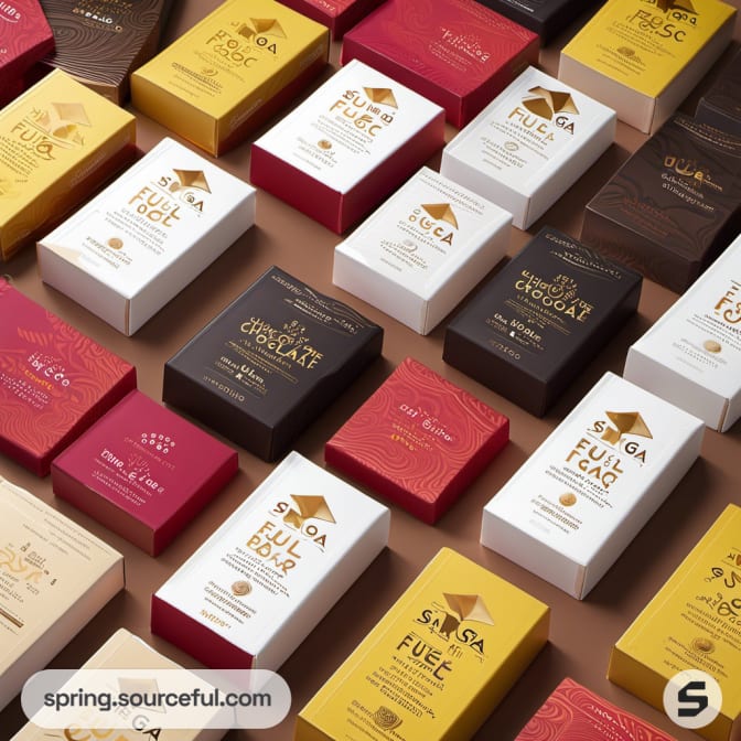 Assorted vibrant chocolate bar boxes in gold, white, red, and brown.