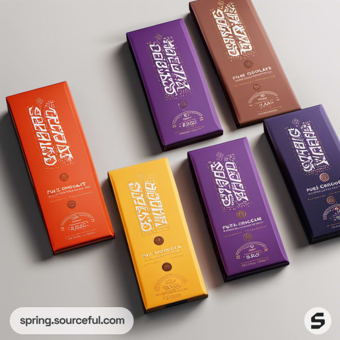 Colorful chocolate bars in orange, purple, yellow, and brown hues.