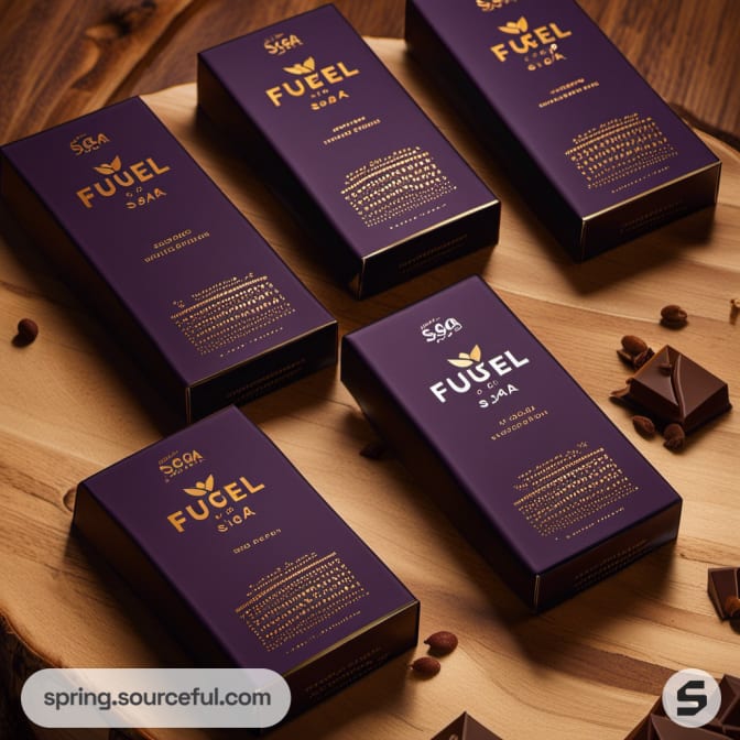 Purple boxed chocolate with intricate gold details on a wooden background.