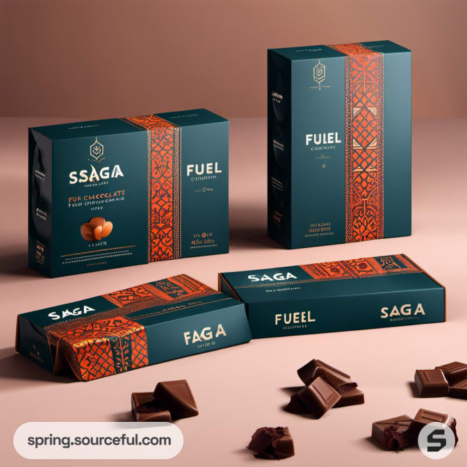 Blue-green chocolate boxes with orange patterns and chocolates.