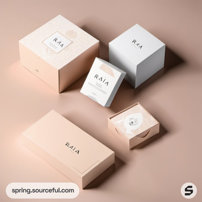 Diverse peach and white boxes with elegant branding.