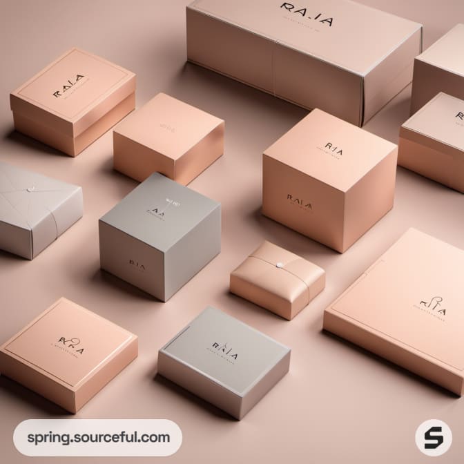 Pale pink and gray square and rectangular boxes.