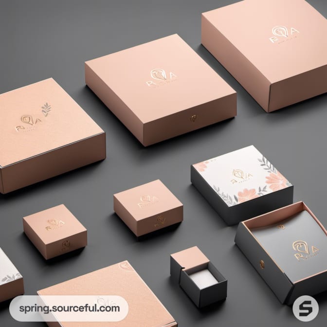 Peach gift boxes with elegant floral designs.