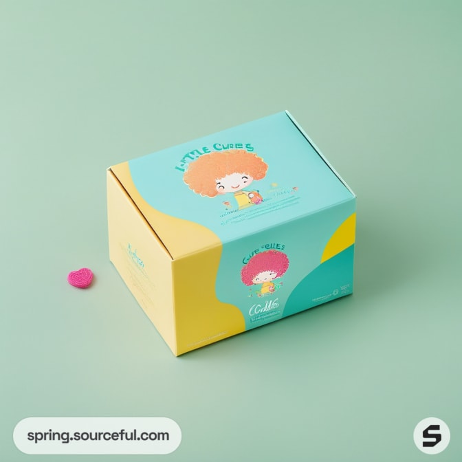 Teal and yellow box with cartoon character on green background