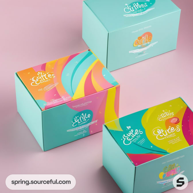 Three colorful boxes with abstract designs on pink surface