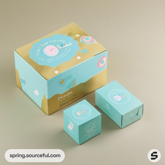Teal and gold box with child graphics next to two smaller boxes