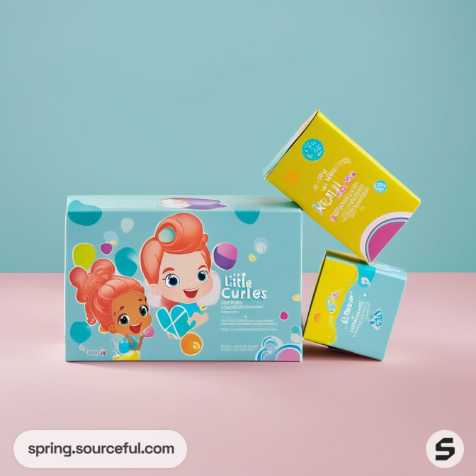 Blue and yellow packaging with cartoon kids on pastel background