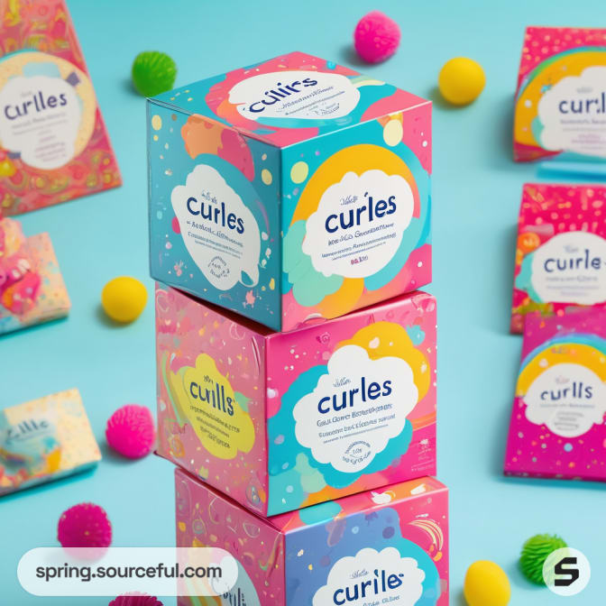 Stacked colorful boxes with 'curls' text on blue background