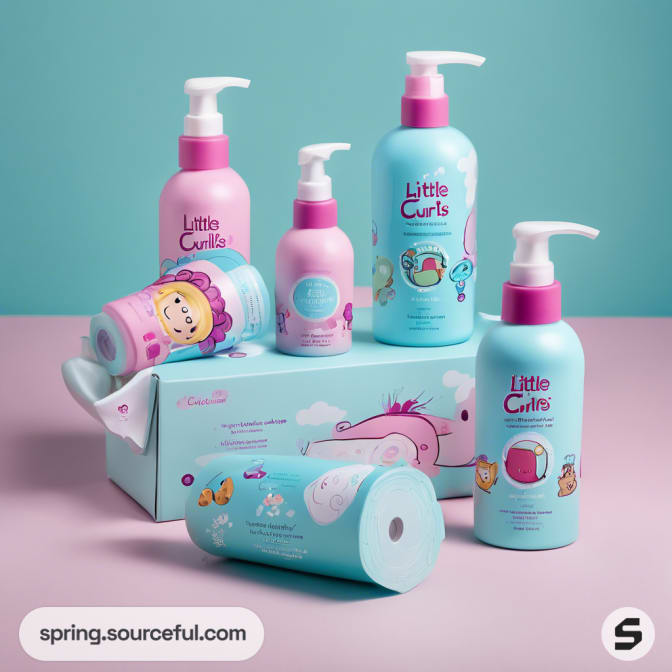 Haircare bottles with unicorn graphics on teal packaging