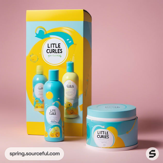 Yellow and teal packaging with 'Little Curls' products