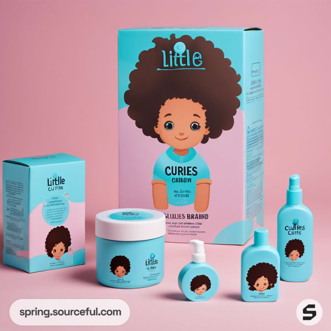 Teal packaging with child character and various haircare bottles