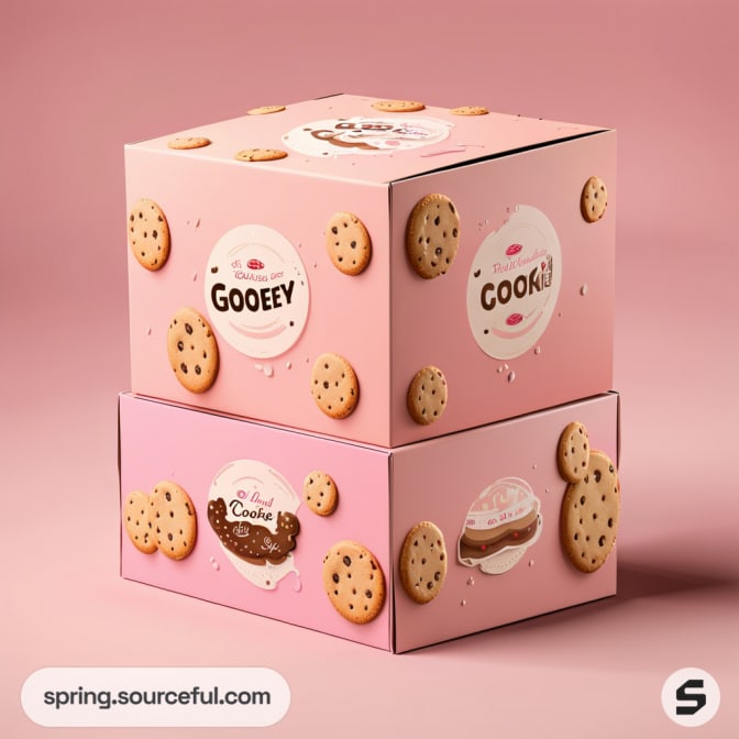 Stacked pink mailer boxes with cookie graphics and playful text.