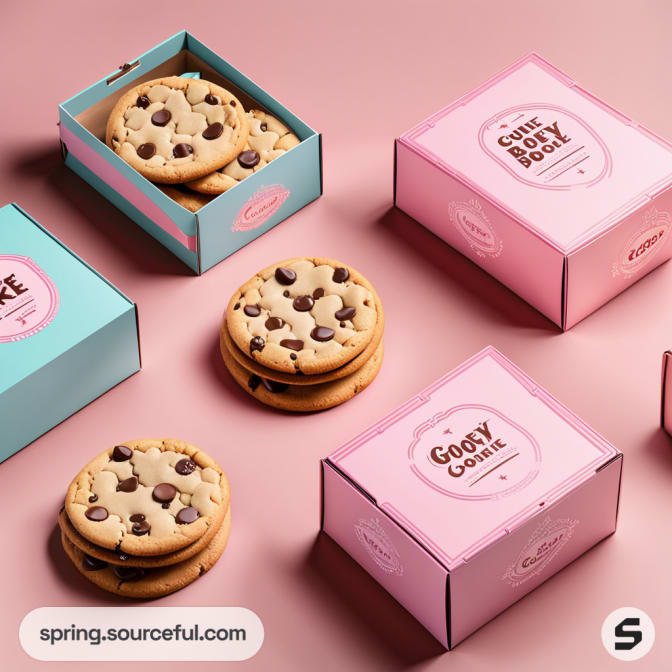 Assorted pink and blue boxes with chocolate chip cookies inside and beside them.