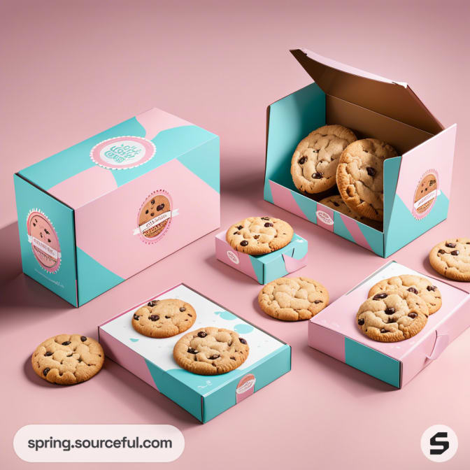 Pink and teal boxes with chocolate chip cookies on a pink surface.