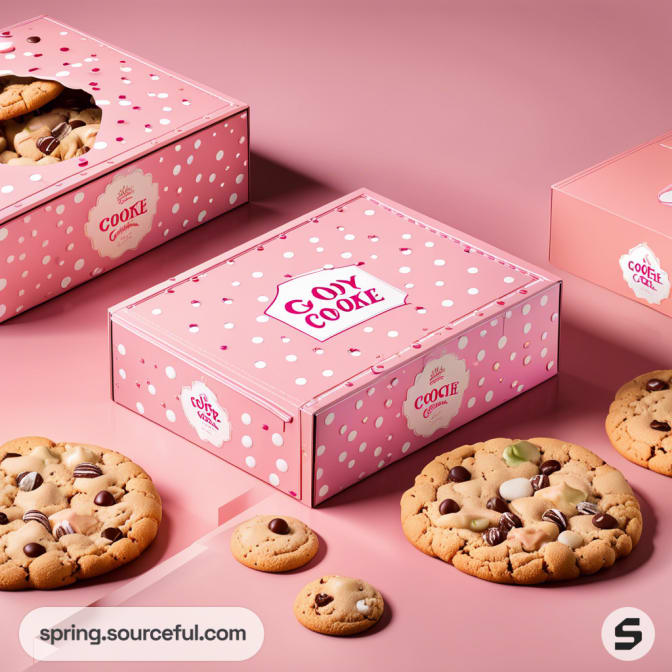 Pink dotted boxes containing and surrounding chocolate chip cookies.