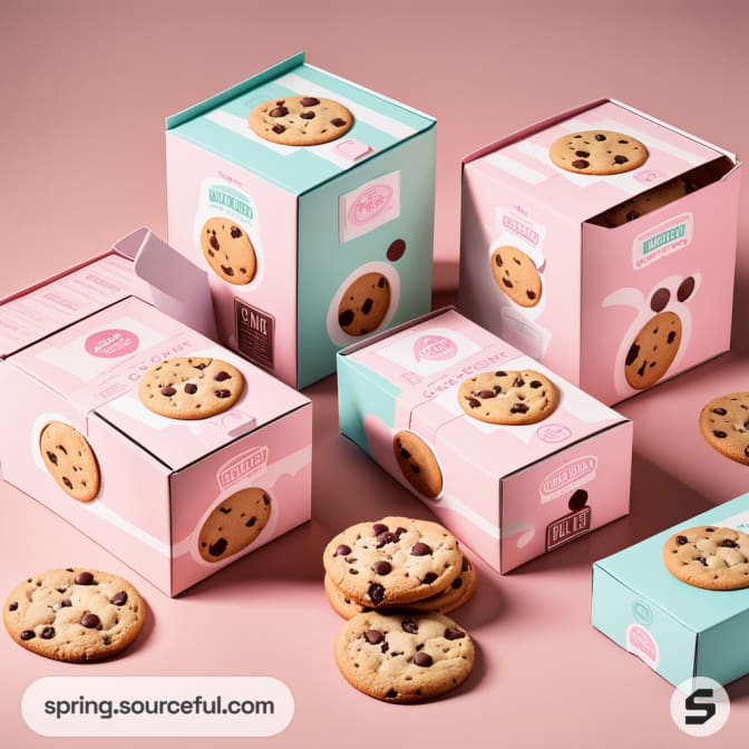 Assorted cute cookie boxes in pastel colors with chocolate chip cookies.