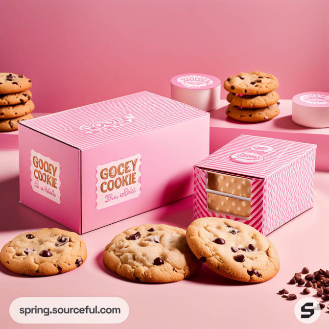 Pink boxes labeled 'Gooey Cookie' with chocolate chip cookies on top.