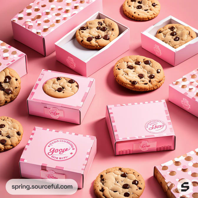 Pink boxes with checkered patterns and chocolate chip cookies inside.