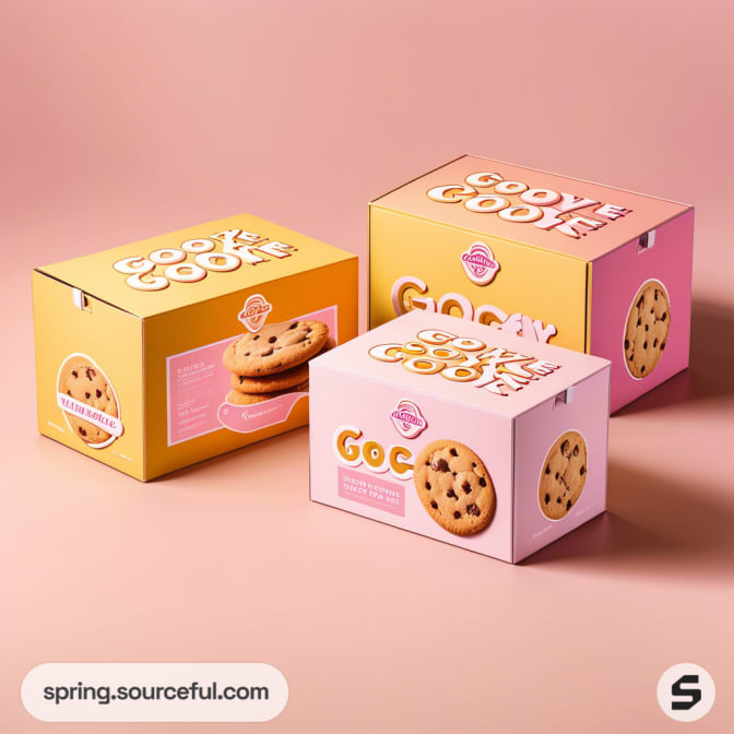 Yellow and pink boxes with text 'Gooey Goodies', featuring cookie images.